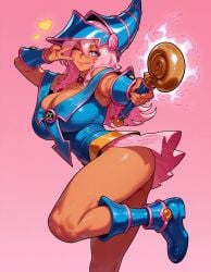 1girls ;q ai_generated ass balecxi bare_shoulders blue_eyes blue_footwear blue_headwear blush blush_stickers boots breasts cleavage clothing curvaceous curvaceous_female curvaceous_figure curvy curvy_figure dark-skinned_female dark_magician_girl dark_magician_girl_(cosplay) dark_skin duel_monster enen_no_shouboutai female female_focus female_only fingernails footwear gradient_background hair_between_eyes hat headwear hibana_(fire_force) holding holding_wand large_breasts leg_up long_hair looking_at_viewer low_neckline one_eye_closed pentacle pentagram pink_background pink_hair pink_skirt pleated_skirt princess_hibana simple_background skirt smile solo standing tan thick_thighs thighs tongue tongue_out v v_over_eye voluptuous voluptuous_female wand wizard_hat