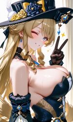 ai_generated bare_shoulders big_breasts blonde_hair blue_eyes blush breasts cleavage genshin_impact navia_(genshin_impact) peace_sign sideboob smile squeezing squeezing_breast tight_clothing wink winking winking_at_viewer