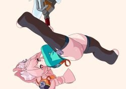 1girls ahoge animal_ear_fluff animal_ears animal_nose ass blue_shirt blush braid bright_pupils bunny_ears bunny_girl feet female female_focus female_only full_body furry furry_female hair_ornament huge_ass huge_weapon legs_spread long_hair long_sleeves looking_at_viewer no_shoes pierced_ears piercing pink_hair rabbit rabbit_ears rabbit_girl red_eyes redpmb shirt short_eyebrows shortstack sidelocks simple_background solo stirrup_legwear thick_butt thick_eyebrows thick_legs thick_thighs thighhighs thighs toeless_legwear toes twin_braids upside-down weapon white_pupils zenless_zone_zero zhao_(zenless_zone_zero)