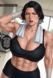 2d 2d_(artwork) abs ai_generated asian asian_female athletic athletic_female batgirl batgirl_(cassandra_cain) batman_(series) big_breasts black_hair black_hair_female breasts cassandra_cain clothed clothed_female dc dc_comics exercise large_boobs large_breasts light-skinned_female light_skin monosabina muscular muscular_female oswald_cobblepot pov text text_bubble the_penguin toned toned_female training viewer_pov