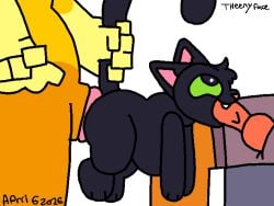 anal anal_tugging animal_genitalia animated anthro anus balls big_anus black_body black_fur bottomwear butters_(theenyface) clothed clothing domestic_cat felid feline felis fellatio female feral fur genitals green_sclera knot kobold looking_pleasured male male/female mammal nude oral orange_body orange_fur orange_scales pants penile penile_spines penis puffy_anus scales scalie sex sheath spitroast theenyface yellow_body yellow_fur