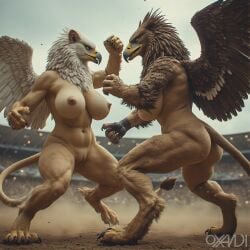 ai_generated anthro arena ass breasts creature female female/female fight fighting_pose furry griffin griffon nipples nude oxandi pussy realistic standing tail wings