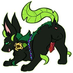 animal_genitalia animal_penis anus ass balls belt black_body black_fur blush blush_lines bodily_fluids canine_genitalia canine_penis drooling ear_piercing eeveelution feral flower fur furry_balls fusion generation_4_pokemon generation_5_pokemon genitals green_blush green_body green_fur green_tail hi_res leaf leaf_tail leafeon looking_back male male_only male_penetrated nintendo penis piercing plant pokemon pokemon_(species) pokemon_fusion presenting presenting_hindquarters quadruped randompasserbyer red_penis rope rope_belt saliva sheath solo spryggis_(randompasserbyer) tail zorua