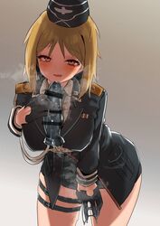 akitaka_takaaki blonde_hair blush breasts dildo female girls'_frontline heavy_breathing highres large_breasts mp40_(girls'_frontline) pussy_juice red_eyes sex_toy short_hair skindentation solo steaming_body sweat thigh_strap