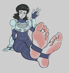 1girls 2d 2d_(artwork) armor armored_female black_hair blue_eyes bodysuit feet feet_focus female female_only foot_fetish grey_background hair invincible invincible_(tv_series) simple_background solo tech_jacket tech_jacket_(zoe_thompson) thick_thighs tight_clothing