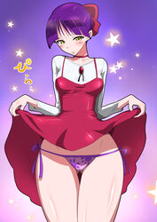 breasts cat_girl dress_lift gegege_no_kitarou humanoid joyconvoy lifted_by_self lifting_skirt nekomusume panties pointed_ears purple_hair short_hair short_purple_hair thigh_gap wide_hips yellow_eyes yokai