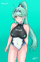 2021 blue_eyes blue_hair highres izai_ah izaiah_(artist) nintendo one-piece_swimsuit pneuma pussy smile swimsuit xenoblade_(series) xenoblade_chronicles_2