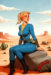ai_generated cactus desert fallout female original_character pinup rousherte self_upload skintight_bodysuit solo solo_female tagme vault_dweller vault_girl vault_suit