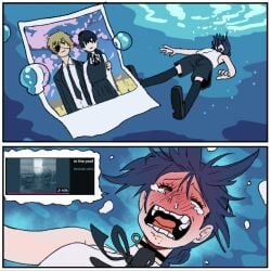 2girls blush chainsaw_man closed_eyes crying denji_(chainsaw_man) english_text female humor kanojo_okarishimasu kazuya_crying_(meme) meme mitaka_asa netorare open_mouth photo_(object) pool reze_(chainsaw_man) slander solo_male speech_bubble straight tears wanderjegson youtube