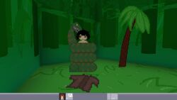 3d animated art asian asian_female black_hair brown_eyes brown_hair coiling coiling_around_body constriction female female_focus feral feral_vore fresh_and_lost game gameplay green_scales gui human internal internal_view internal_vore jungle naked_female oral_vore pixel pixel_animation screencap serpentine shawn_(fresh_and_lost) snake sound tagme tree trees video vore yakuman_player_(artist)