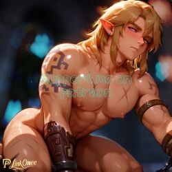 abs ai_generated blonde_hair blush blushing_male chains edited elf elf_ears elf_male glistening glistening_body handsome hard_nipples horny horny_male link link_(tears_of_the_kingdom) muscles muscular muscular_male naked naked_male nipples nude nude_male patreon patreon_username pointy_ears prison prisoner scar scratches sex_slave solo_male tattoo tattoo_on_arm tattooed_arm tattoos the_legend_of_zelda uncensored