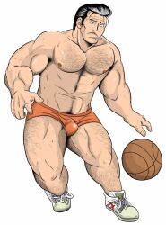 2014 armpit_hair bara basketball_(ball) black_hair bulge character_request cigarette copyright_request gay hairy male male_only muscular nipples sanpaku simple_background tagme uraharasan white_background yaoi