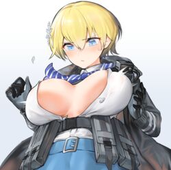 1girls belt big_breasts black_jacket blonde_hair blue_belt blue_eyes breasts bursting_breasts female female_only flying_button girls'_frontline hair_ornament highres jacket large_breasts long_sleeves no_bra open_clothes open_jacket popped_button rivet_vvrn shirt shirt_tucked_in short_hair snowflake_hair_ornament solo solo_female sweatdrop upper_body vsk-94_(girls_frontline) wardrobe_malfunction white_shirt