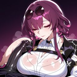 1boy ai_generated blush breasts chest_harness cleavage closed_eyes closed_mouth clothing collared_shirt covered_penis dark-skinned_male duo earrings erection erection_under_clothes eyewear eyewear_on_head female gloves gradient_background handjob harness honkai:_star_rail huge_cock interspecies jewelry kafka_(honkai:_star_rail) large_breasts large_penis long_hair lunaart makeup male pearl_earrings penis penis_awe pince-nez purple_gloves purple_hair round_eyewear shirt smile solo_focus straight sunglasses sweat veins veiny_penis white_shirt