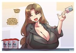 1girls beer borvar brown_hair closed_eyes clothing cute_fang fate/hollow_ataraxia fate/stay_night fate_(series) hotaruzuka_otoko huge_breasts illyasviel_von_einzbern offscreen_character solo_female solo_focus