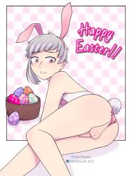 1boy adrisushi823 ass atsushi_nakajima balls bungo_stray_dogs bunny_costume bunny_ears easter easter_eggs eggs looking_back nakajima_atsushi penis