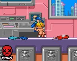 16-bit 1boy 1boy1girl 1girls accurate_art_style animated blowjob clothes female gif incest male mayin mega_man mega_man(classic) mega_man_(character) nude on_knees pixel_art roll sex snes sprite