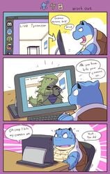 2021 anthro blastoise blue_body blush bodily_fluids chair comic computer convenient_censorship detailed_background dialogue digital_media_(artwork) discord_(app) duo english_text exercise furniture green_body hi_res kemono male masturbation nintendo open_mouth penile penile_masturbation pokemon pokemon_(species) ring_fit_adventure sitting stealth_masturbation sweat text tongue tyranitar unagi_bukuro video_games workout