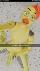 3d_(artwork) animatronic anthro avian balls beak big_balls big_penis bioluminescence bird blender_(artwork) blender_cycles_(artwork) blue_eyes chica_(fnaf) chicken cuff_(restraint) digital_media_(artwork) erection eyebrows eyelashes five_nights_at_freddy's floor galliform genitals glowing grin grinning_at_viewer hair hi_res humanoid kneeling kneeling_on_floor looking_at_viewer machine machinensfw male male/male masturbation metal_cuffs orange_hair penis phasianid restraints robot scottgames selfie selfie_with_penis smile smiling_at_viewer smirk snapchat solo yellow_body