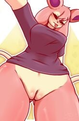 absurd_res anthro blush closed_eyes clothed clothing dennhaze digital_media_(artwork) female fur generation_3_pokemon genitals hair hazie_(dennhaze) hi_res looking_at_viewer looking_down low-angle_view mammal nintendo partially_clothed pink_body pokemon pokemon_(species) shortstack simple_background skitty solo tail thick_thighs tongue tongue_out topwear vulva white_background wide_hips yellow_body