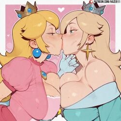 2girls ai_generated bare_shoulders blonde_hair blue_eyes blush breast_press cleavage crown dress earrings gloves grabbing_another's_chin hair_over_one_eye hand_on_another's_chin haze911 heart huge_breasts jewelry kissing long_hair mario_(series) multiple_girls nintendo princess_peach princess_rosalina super_mario_galaxy sweat yuri