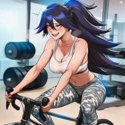 1girls ai ai_assisted ai_generated bicycle bicycle_seat blue_eyes curvy curvy_figure fit_female gym gym_topwear heavy_breathing leggings long_hair midnight_(my_hero_academia) my_hero_academia prussia123 sexy_body sexy_clothing sexy_female sweating training working_out workout workout_clothes