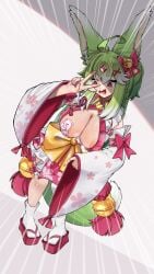 1girls ahoge animal_ears areola areola_slip breasts carbuncle cera_luceria cleavage clothed clothing cosplay female female_only forehead_jewel green_hair hololive hololive_gen_2 hololive_japan huge_breasts indie_virtual_youtuber japanese_clothes jewel lidzi light-skinned_female light_skin long_sleeves miko painted_nails pasties pink_nails red_eyes sakura_miko sakura_miko_(cosplay) solo surprised talisman_pasties unexpected virtual_youtuber
