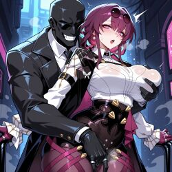 1boy ai_generated bald black_jacket black_shorts black_skin blush breasts clothing collared_shirt colored_skin dark-skinned_male dark_skin duo earrings eyewear eyewear_on_head female fingering fingering_through_clothes gloves grabbing grabbing_another's_breast grabbing_from_behind grin groping guns_girlz_(series) high-waist_shorts honkai:_star_rail jacket jewelry kafka_(honkai:_star_rail) large_breasts long_hair long_sleeves looking_at_viewer lunaart male molestation open_mouth pantyhose pantyhose_under_shorts pince-nez purple_eyes purple_gloves purple_hair purple_pantyhose pussy_juice ring round_eyewear shirt short_shorts shorts smile spider_web_print straight sunglasses sweat symbol-shaped_pupils thick_thighs thighs through_clothes white_shirt