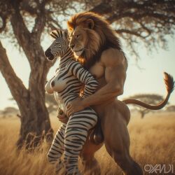 ai_generated anthro balls breasts equid equine felid feline female furry interspecies lion male male/female outdoors outside oxandi penetration realistic sex straight straight_sex zebra