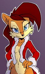 2017 2d anthro archie_comics blue_eyes bottomless breasts brown_body brown_hair chipmunk christmas christmas_clothing clothed clothing color female female_only ground_squirrel hair half-length_portrait hands_on_hips holidays jacket looking_at_viewer mammal mobian_(species) open_clothing open_jacket open_topwear portrait purple_background qrog rodent sally_acorn sciurid sega simple_background solo sonic_(series) sonic_satam sonic_the_hedgehog_(archie) sonic_the_hedgehog_(comics) sonic_the_hedgehog_(series) topwear