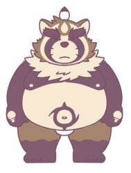 2021 anthro balls belly brown_body brown_fur canid canine fur genitals kemono live-a-hero male mammal moobs natamaru_a navel nipples overweight overweight_male raccoon_dog shoen_(live_a_hero)