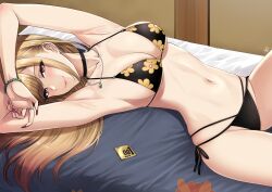 1girls armpits big_breasts black_bra black_panties blonde_hair blush bra bracelet breasts choker collarbone condom condom_wrapper ear_piercing earrings female female_only fit flower_pattern fringe gyaru hands_behind_head highres kitagawa_marin light-skinned_female light_skin lingerie long_hair looking_at_viewer lying lying_on_back midriff nail_polish nails navel necklace on_back pale-skinned_female pale_skin panties petite piercing pink_eyes pink_hair ring seductive seductive_look seductive_smile smile smug solo sono_bisque_doll_wa_koi_wo_suru teenager two_tone_hair underwear xtermination