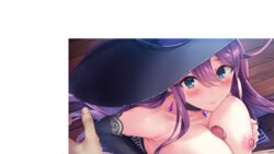 1boy 3: artist_request blue_eyes blush breasts choker closed_mouth detached_sleeves earrings eyeliner female game_cg hair_between_eyes hat highres huge_breasts indoors isekai_sakaba_no_sextet jewelry long_hair looking_at_viewer makeup nipples non-web_source paizuri penis pink_hair pov sidelocks uncensored veronica_(isekai_sakaba_no_sextet) very_long_hair witch_hat