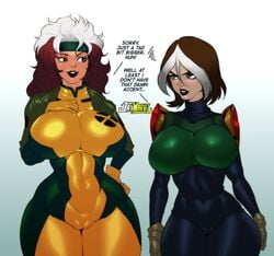 2girls alternate_universe anna_marie big_breasts black_lipstick bodysuit breasts brown_hair clothing comparing comparing_breasts costume counterpart crossover dialogue dual_persona english_text favorite female female_only goth goth_girl hand_on_own_chest headband hips hourglass_figure human jay-marvel large_breasts legs lips lipstick long_hair lower_body makeup marvel marvel_comics mature mature_female multicolored_hair mutant older_female rogue_(evolution) rogue_(x-men) seductive seductive_smile short_hair smile square_crossover superhero superhero_costume superheroine text thick thick_legs thick_thighs thighs two_tone_hair upper_body voluptuous watermark white_hair white_streak wide_hips wild_hair x-men x-men:_the_animated_series x-men_evolution younger_female