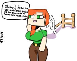 1girls alex_(minecraft) big_breasts breasts clothed clothing cube_head dialog dialogue dialogue_box expressionless female fence green_clothing green_eyes long_hair looking_away meme minecraft orange_hair parody shitpost smolzd square_head standing text thick thick_legs thick_thighs thighs unaware