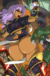 1girls ass ass_focus backboob bare_thighs big_breasts big_butt black_sclera breasts character_request dark-skinned_female erect_nipples_under_clothes fight gauntlets giantess huge_ass huge_butt long_hair monster purple_hair red_eyes ronzo shonuff shonuff44 tagme thick thick_ass