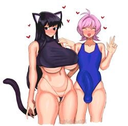 1boy 1girls between_labia big_breasts big_penis black_hair bulge crossdressing femboy femboy_on_female femboydom femsub hung_trap imminent_sex innie_pussy komi-san_wa_komyushou_desu komi_shouko long_hair makinakid maledom one-piece_swimsuit osana_najimi peace_sign penis_under_clothes pink_hair pussy_juice pussy_juice_drip pussy_juice_trail swimsuit wide_hips wide_thighs