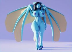 3d_(artwork) 3dspade_(artist) acaris_(artist) anthro big_breasts black_hair blue_body blue_scales breasts claws digital_media_(artwork) dragon female genitals haavex hair hand_behind_head looking_at_viewer multi_wing nipples purple_claws pussy scales smile solo standing wide_hips wings