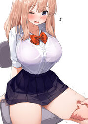 big_breasts blonde_hair blush busty curvy embarrassed groping groping_thighs holding_thigh huge_breasts kaisen_chuui long_hair looking_down nervous one_eye_closed schoolgirl schoolgirl_uniform sitting sitting_down sitting_on_chair thick_thighs voluptuous