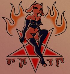 anthro blood bodily_fluids bovid bustier caprine clothing elbow_gloves female fire gloves goat handwear hi_res horn judas_and_jesus legwear mammal mary_magdalene pentagram pubes snaxattacks solo stockings tattoo