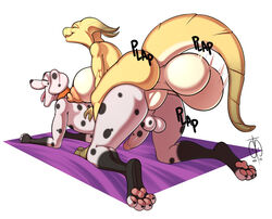 1boy 1futa 2021 anal anal_sex anthro anthro_on_anthro anthro_penetrated anthro_penetrating anthro_penetrating_anthro balls canine carpet dalmatian dinosaur freckles_(artist) furry futa_is_bigger futa_on_male futa_on_top futanari gynomorph gynomorph/male huge_balls huge_cock intersex intersex/male intersex_penetrating lunares_(freckles) male onomatopoeia pawpads paws penis peppercorn_(freckles) scalie sex sound_effect white_background