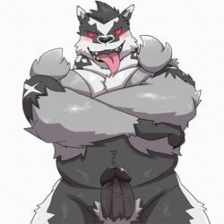 2021 animated anthro balls black_body black_fur black_nose blush erection fur genitals grey_body grey_fur humanoid_genitalia humanoid_penis kemono male male_focus male_presenting nintendo obstagoon overweight overweight_male penis pokémon_(species) pokemon simple_background solo solo_focus tongue tongue_out v2wolf video_games white_background white_body white_fur