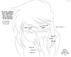 1boy 1girls bags_under_eyes big_penis blush charlie_(mooncancer00) cum cum_in_mouth cum_swallow dialogue fellatio jordan_(mooncancer00) monochrome mooncancer00 oral original_character short_hair sketch swallowing sweatdrop text text_focus white_background