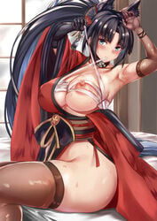 absurdres armpits ass azur_lane black_hair blue_eyes breasts brown_legwear covered_nipples female gloves hadanugi_dousa highres indoors japanese_clothes kii_(azur_lane) kimono large_breasts long_hair mismatched_gloves nipple_slip nipples no_panties on_bed open_clothes open_kimono ponytail red_kimono sarashi sitting skindentation solo sweat thighhighs thighs uchida_shou very_long_hair