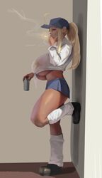 1girls against_wall artoria_pendragon baseball_cap beer beer_can bikini_top blonde_hair blue_hat blue_skirt boots bra_visible_through_clothes breasts_bigger_than_head cigarette delinquent ear_piercing earrings eu03 fate/grand_order fate/stay_night fate_(series) female female_only foot_against_wall foot_on_wall from_side full_body gyaru high_ponytail holding_beverage hoop_earrings huge_breasts kneesocks leg_warmers legs_up loafers long_hair loose_socks microskirt midriff miniskirt mysterious_heroine_x mysterious_heroine_xx_(foreigner) revealing_clothes school_uniform see-through see-through_clothing sidelocks skirt smoking solo standing standing_on_one_leg sukeban thick_thighs tied_shirt top_heavy underboob underboob_shirt white_shirt white_socks