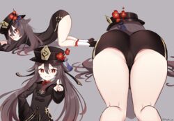 1girls all_fours ass bent_over cameltoe dat_ass female flexible from_behind genshin_impact hat hi_res hu_tao_(genshin_impact) naughty_face presenting_ass short_shorts shorts smile thick_thighs thighs top-down_bottom-up xooku