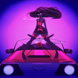 1girls black_hair boots car darkie_chan female_only katana lil_darkie lil_darkie_chan neon_lights red_hair solo solo_female spider_gang sword synthwave thick_thighs thighhighs