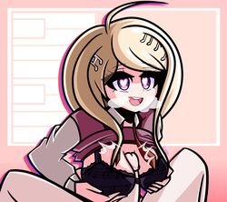 1boy 1girls ahoge akamatsu_kaede blonde_hair danganronpa danganronpa_v3 happy heart-shaped_pupils kafein lingerie paizuri smile straight_hair