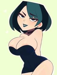 areola_slip arms_behind_back big_breasts black_eyes choker cleavage clothed ear_piercing goth green_hair gwen_(tdi) half-closed_eyes lips lipstick pale-skinned_female pale_skin postblue98 short_hair total_drama_island