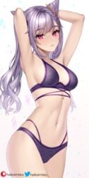 1girls armpits bra breasts cleavage female female_only genshin_impact helloimtea keqing_(genshin_impact) lingerie looking_at_viewer medium_breasts panties purple_eyes purple_hair sideboob stomach twintails underwear